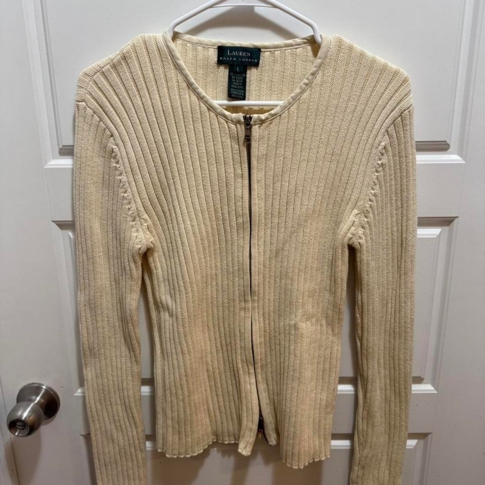 LAUREN RALPH LAUREN Women Cream Ribbed Knit Full Zip Cardigan Sweater L